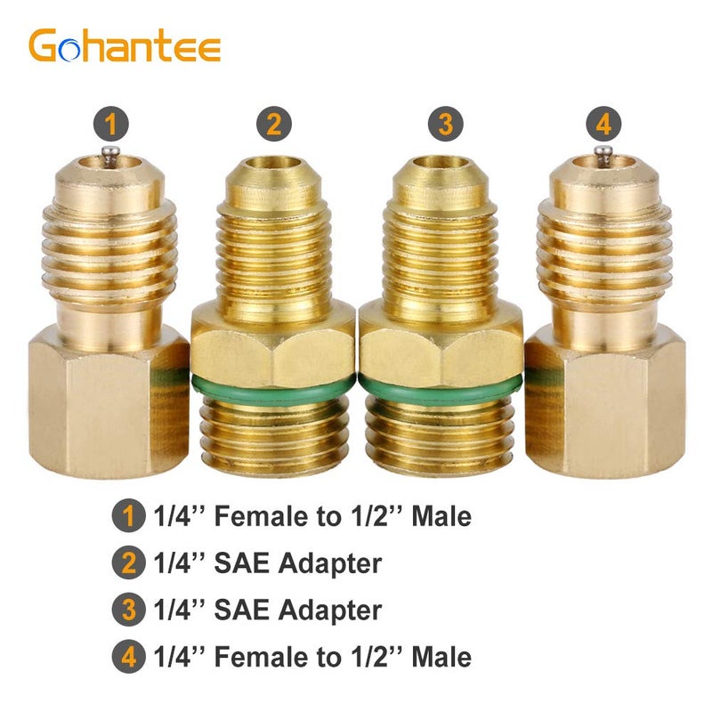 gohantee موصلات محول R134A، موصل سريع قابل للتعديل R134a عالي ومنخفض، مجموعة تحويل خرطوم مقياس مانيفولد تكييف الهواء، 1/4 SAE HVAC مع محول نحاسي 1/4'' أنثوي و 1/2 ذكر - Image 4